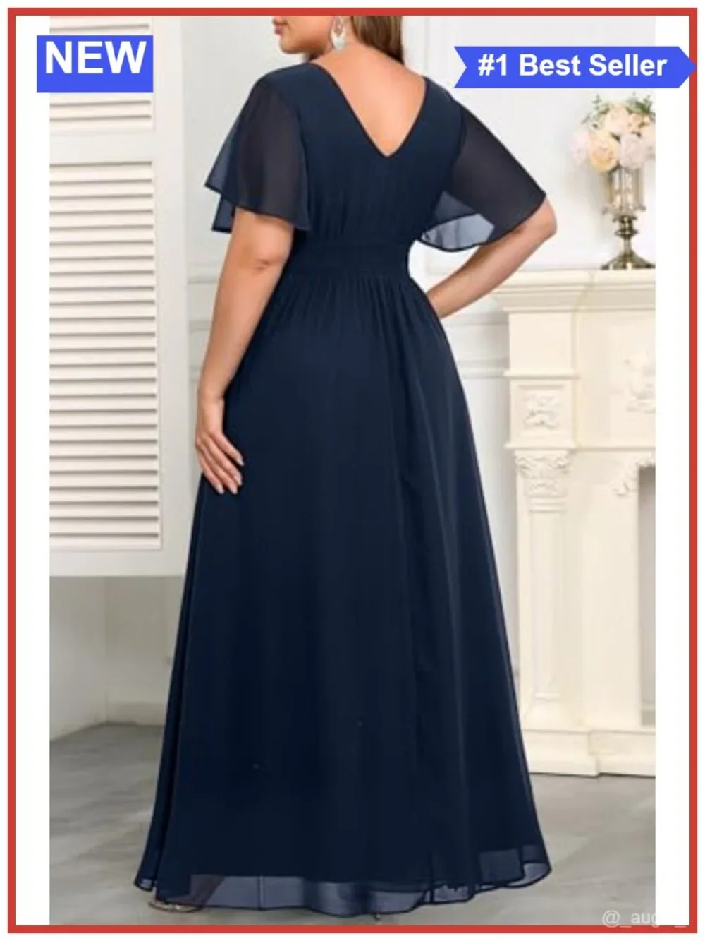 Plus Size Chiffon Formal Dress V-Neck Ruffle Long Sleeve Floor Length